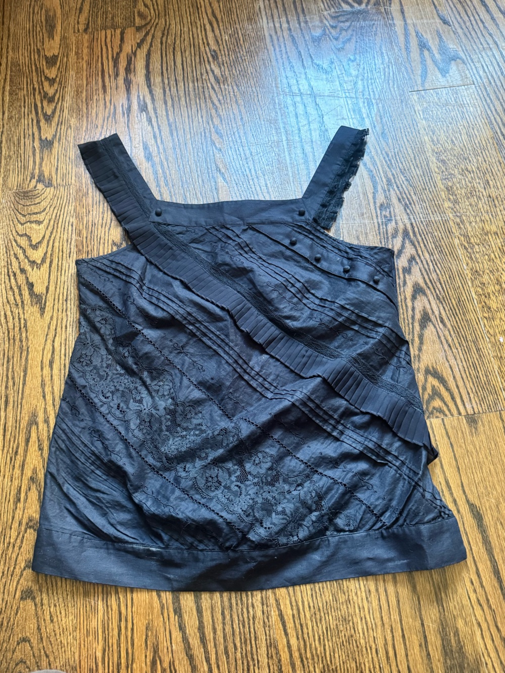 BCBGMaxAzria Black Lace Pleated Strap Tank